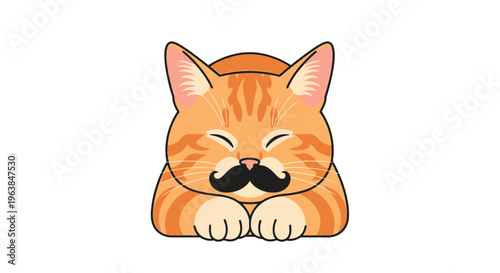 Smiling orange tabby cat with mustache, cartoonish animated style, resting on paws, looking happy and relaxed in a humorous context, whimsical animal character design