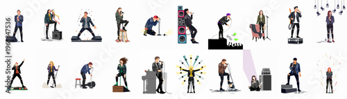 Large collection of diverse rock and roll singers in various performance poses on stage with musical equipment and stage lighting.