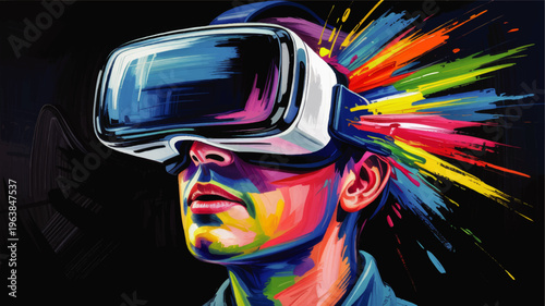 Futuristic VR gamer portrait with colorful paint splash, virtual reality headset illustration on dark background, creative digital art