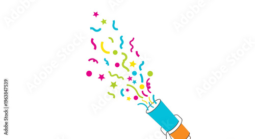 Colorful cartoon party popper exploding with festive confetti and ribbons in a playful, whimsical style on a white background for celebration and joy