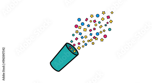 A whimsical turquoise confetti popper exploding colorful stars and balls in mid-air, minimalist flat design, playful party decoration, festive celebration element, bright fun concept