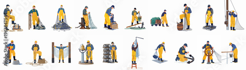 A comprehensive set of professional fisherman illustrations in yellow overalls performing various maritime tasks like hauling nets and handling equipment, isolated on white.