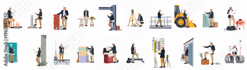 Vector illustration set of architects and engineers working on various construction site scenarios with blueprints, tools, and heavy machinery on white background.