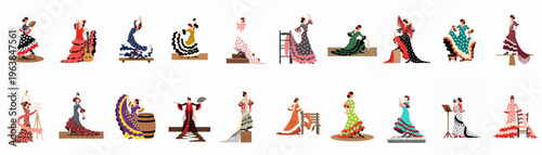 Large set of female flamenco dancers in various traditional costumes and dynamic dance poses.