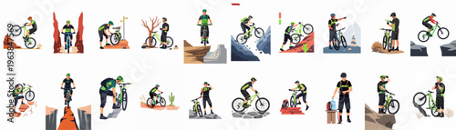 Comprehensive collection of flat vector illustrations featuring mountain bikers engaged in various activities like riding, jumping, and exploring rugged canyon landscapes.