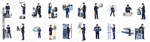A comprehensive collection of vector illustrations featuring male and female pilots in uniform, performing various tasks and emergency procedures in a flight environment.