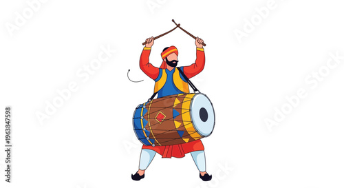 Traditional Indian Dhol Player Performing Energetic Dance with Vibrant Costume and Drumsticks on White Background in Colorful Folk Art Style