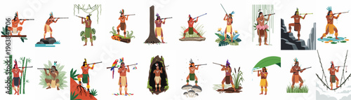 Vector illustration collection of indigenous Amazonian hunters in various poses and environments, using traditional blowguns for hunting in the tropical jungle.