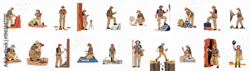 Flat vector illustrations of geologists and paleontologists conducting field research, including excavating fossils, surveying terrain, and collecting rock and mineral samples for study.