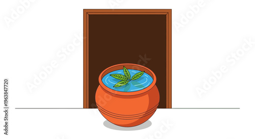 A serene cartoon-style terracotta pot with a small green plant and blue water sitting in front of a brown doorway indoors
