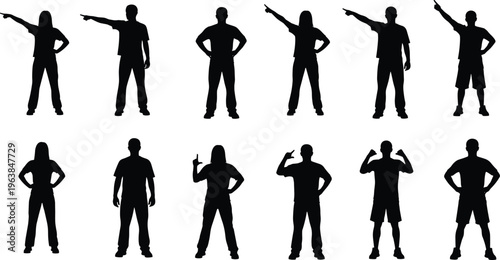 people pointing and posing silhouettes collection isolated on white background, standing human gestures direction indication confident poses vector illustration set