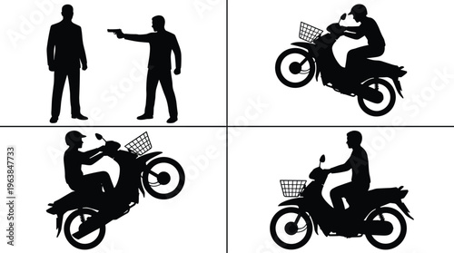 motorcycle, silhouettes, rider, scooter, bike, delivery, transport, urban, action, wheelie, street, man, gun, crime, black, vector, illustration, isolated, background, set