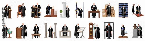 Set of eighteen flat illustrations of male and female judges in traditional robes, performing various legal duties and activities in courtroom and office settings.