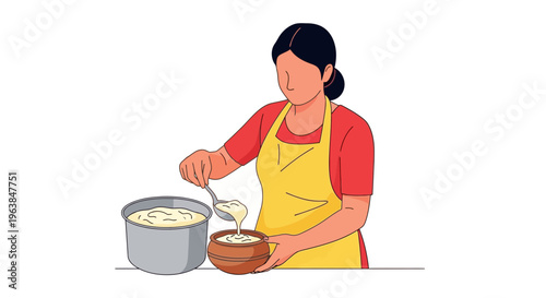 Asian woman in red shirt and yellow apron scooping rice porridge from large pot into bowl, minimalist flat cartoon style, cooking scene