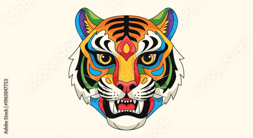 Vibrant colorful tiger head illustration with artistic tribal patterns and bold lines on a plain background, showcasing fierce expression and stunning design elements