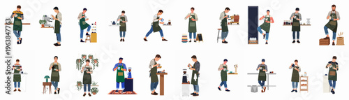 Set of flat vector illustrations featuring male baristas in green aprons performing various coffee shop tasks like making latte art and operating espresso machines