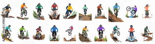 Large collection of eighteen vector illustrations depicting mountain bikers and motocross riders navigating various challenging off-road terrains like mud, rocks, and forest trails.