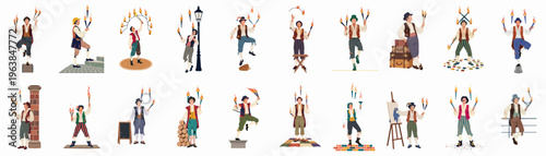Set of vintage circus fire jugglers and street performers in various costumes and poses, flat vector illustration collection on white background.