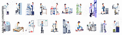 Set of Diverse Scientists and Laboratory Professionals Conducting Research and Experiments in Various Specialized Lab Settings