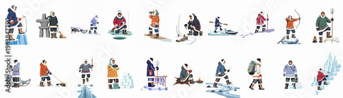 Set of vector illustrations showing traditional indigenous Arctic life, featuring hunting, fishing, sledding, and survival activities in snowy, icy landscapes.