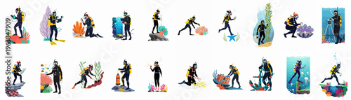 Large collection of flat vector illustrations depicting professional scuba divers and marine biologists conducting underwater scientific research, exploration, and data collection on coral reefs.