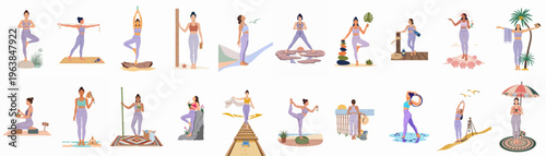 Set of flat vector illustrations featuring women practicing yoga, meditation, and mindfulness in serene beach and nature environments for wellness and health concepts.