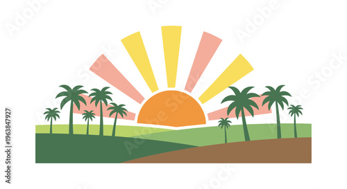 Tropical Landscape Scene with Palm Trees Silhouetted Against a Vibrant Rising Sun Horizon Design Element teacher learning animation write