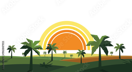 Stylized Tropical Sunset Over Lush Green Landscape with Palm Trees Abstract Background Scene teacher learning animation write