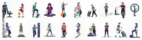 A diverse collection of flat vector characters representing various roles and activities in the professional esports and gaming industry.