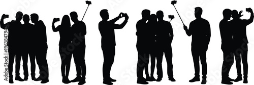 people taking selfies silhouettes set, friends using smartphone and selfie stick, group photography, social media lifestyle, communication, modern interaction illustration