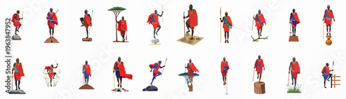 Collection of Maasai Warriors in Traditional Red Attire in Different Poses and Landscapes Flat Vector Illustrations