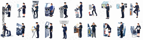 Collection of flat vector illustrations featuring male and female pilots and flight crew performing various professional duties in an aircraft and cockpit environment.