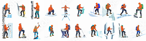 A collection of flat vector illustrations depicting mountaineers and hikers in orange winter gear engaged in various climbing and trekking activities.
