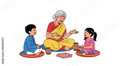 Elderly Woman Sharing Stories With Young Boy And Girl Sitting On Floor In Traditional Attire teacher learning animation write