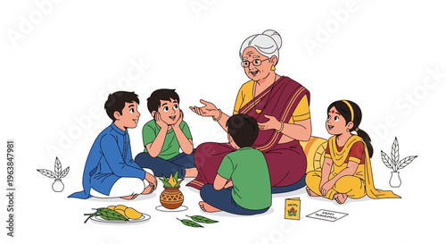 Elderly Woman Sharing Wisdom with Group of Young Children Sitting Together in Traditional Setting teacher learning animation write