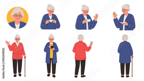 Set of character poses showing an elderly woman drinking tea, walking with a cane, and using a mobile phone.