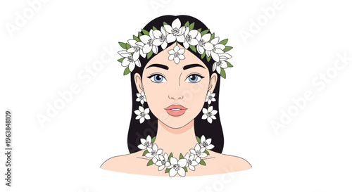 Woman Adorned With White Tropical Flower Garland Wreath Headpiece and Necklace Portrait Drawing teacher learning animation write