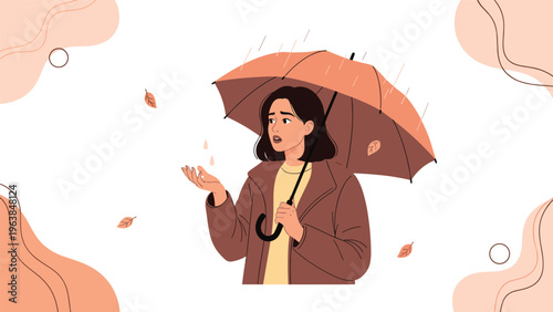 Sad woman standing under an umbrella in the autumn rain with falling leaves on a decorative abstract background.