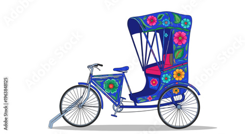 Traditional Asian Cycle Rickshaw Vehicle Decorated with Vibrant Hand Painted Floral Motifs Isolated on White Background teacher learning animation