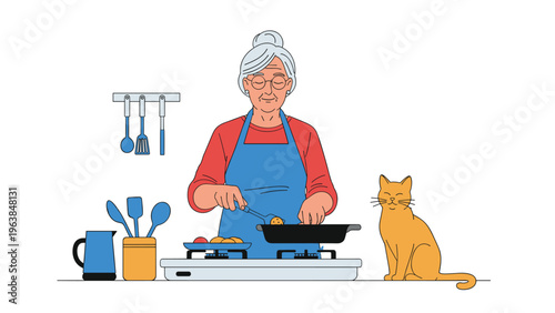 Senior woman with grey hair cooking a meal at a kitchen stove while her orange cat sits nearby on the floor.