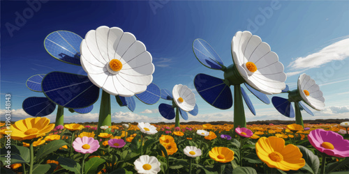 Futuristic solar flower field with giant photovoltaic daisies generating renewable energy in colorful spring landscape illustration