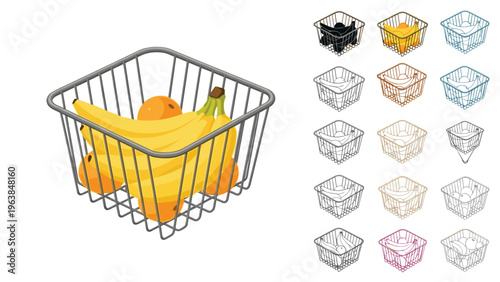 Isometric grocery basket filled with yellow bananas and oranges alongside multiple color variations for shopping and retail design.