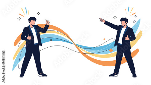Two young businessmen in dark suits giving a thumbs up and pointing towards a path represented by colorful abstract wavy lines.