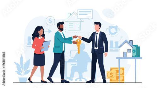 Professional real estate agent handing over house keys to a diverse young couple in a modern office with home buying icons.