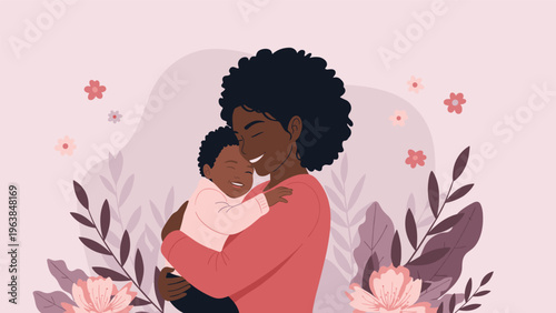 Beautiful illustration of an African American mother tenderly hugging her smiling baby surrounded by delicate floral decorations.