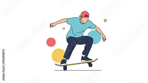 Energetic young man wearing a red cap performing a trick on a skateboard against a background of colorful geometric circles.