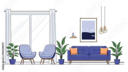 Modern living room interior design featuring a blue sofa, two matching armchairs, indoor plants, and a large sliding glass door.