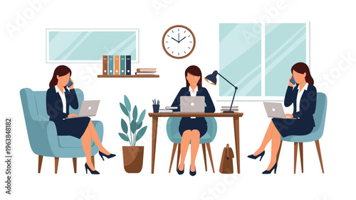 Professional women in business suits working on laptops in a shared office space with desks, chairs, and indoor green plants.