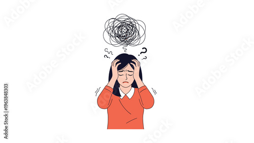 Stressed young woman holding her head with a tangled scribble cloud and question marks above her representing anxiety or confusion.