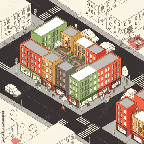 Colorful isometric city block illustration with mixed use buildings, cafes, rooftop gardens and lively pedestrian friendly urban street